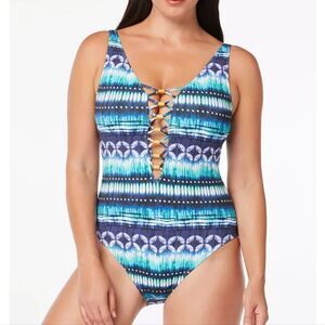 Bleu by Rod Beattie lattice Lace-Up Over-the-Shoulder One-Piece Swimsuit…